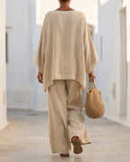 Women's Cotton-Linen Two-Piece Set – Oversized Top with Asymmetric Hem & Wide-Leg Pants | Annabel
