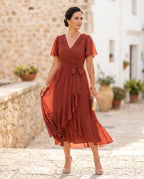 Damen Chiffon-Maxikleid mit V-Ausschnitt – Mit Taillengürtel für Hochzeit & festliche Anlässe | Mirela