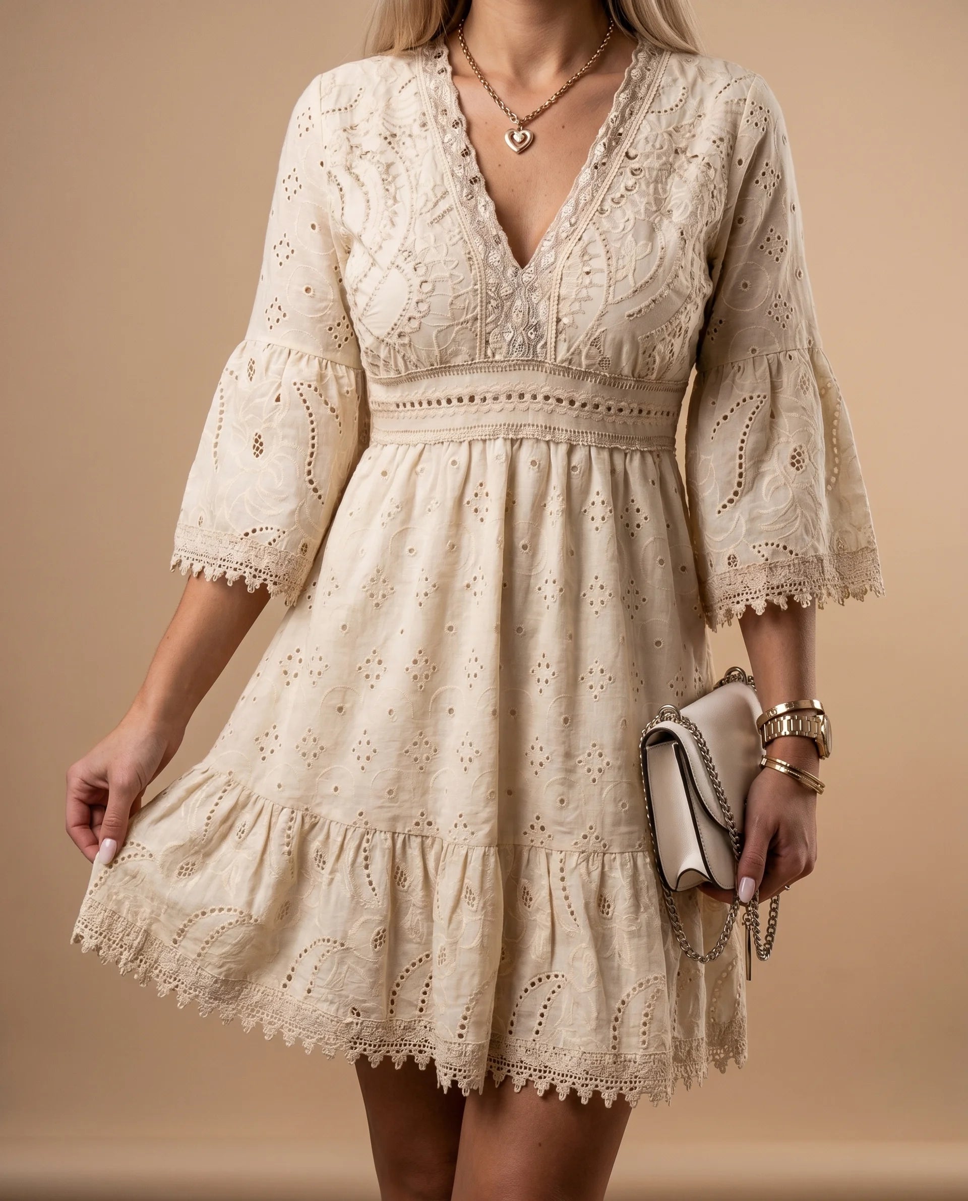 Women's Mini Dress with V-Neck and Bell Sleeves – Flowing & Romantic for Summer & Casual Occasions | Merle