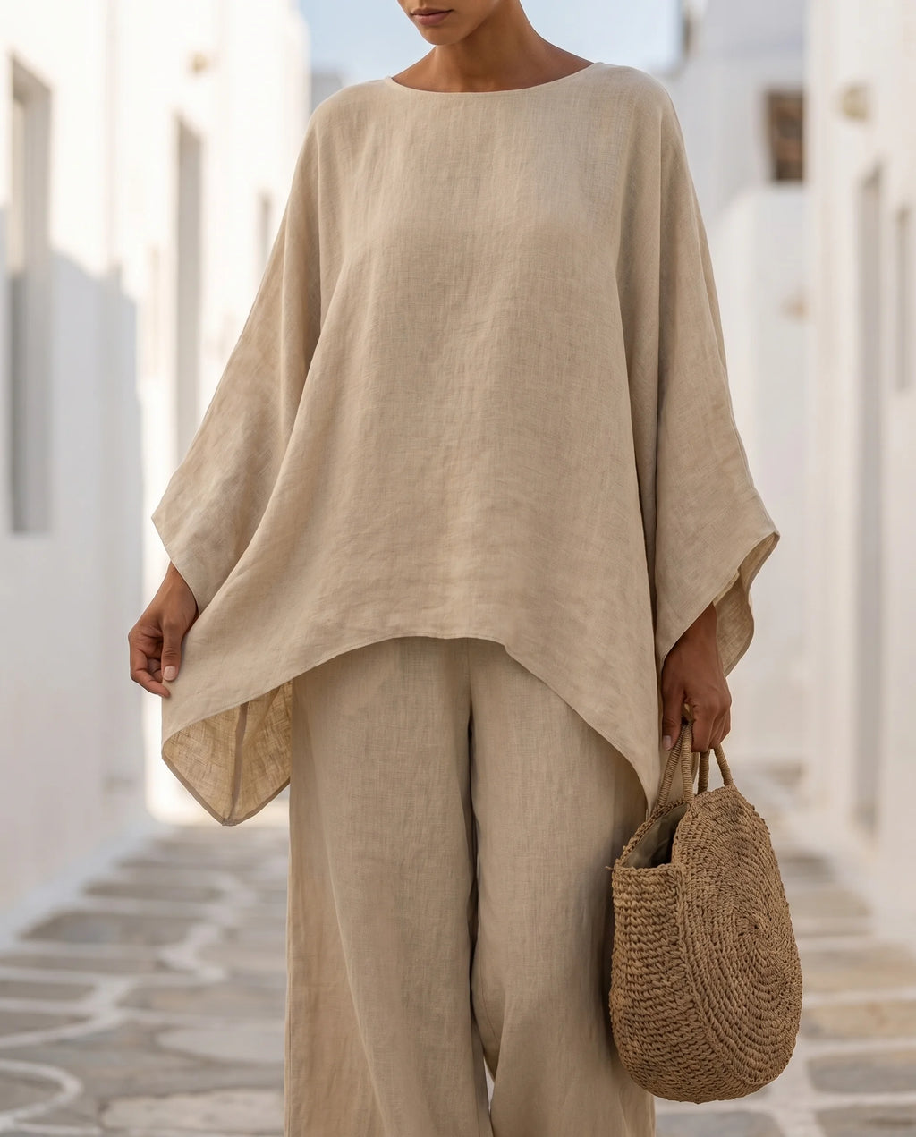 Women's Cotton-Linen Two-Piece Set – Oversized Top with Asymmetric Hem & Wide-Leg Pants | Annabel