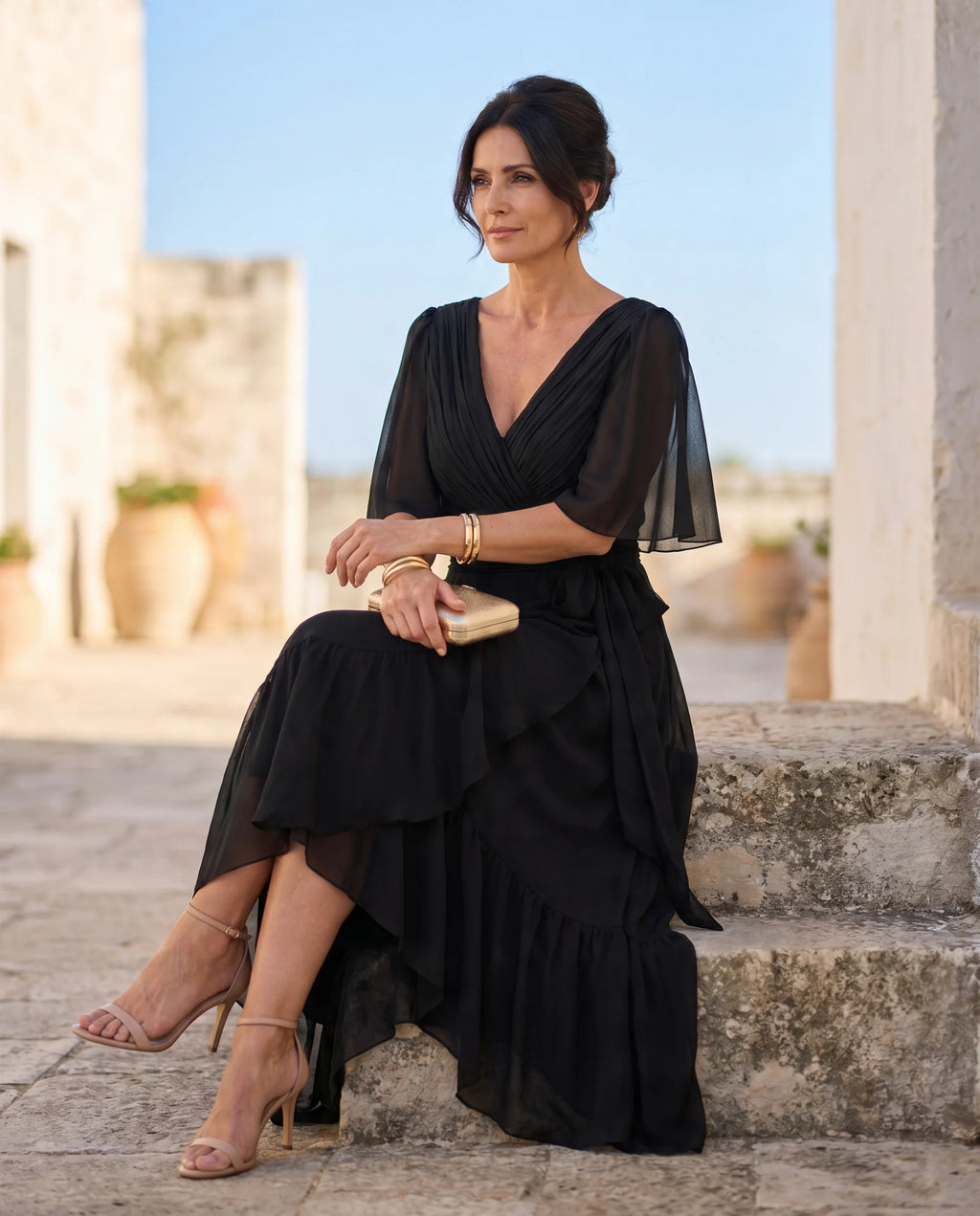 Damen Chiffon-Maxikleid mit V-Ausschnitt – Mit Taillengürtel für Hochzeit & festliche Anlässe | Mirela