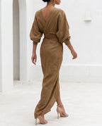 Women's Bodycon Maxi Dress – Wrap Waist, Deep V-Neck, Long Sleeve with Front Slit | Marlene