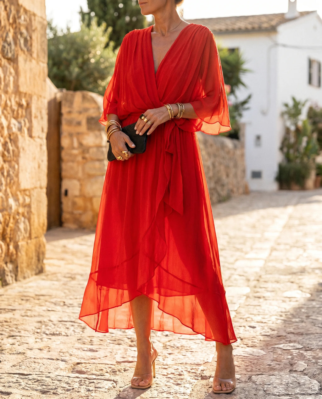 Damen Chiffon-Maxikleid mit V-Ausschnitt – Mit Taillengürtel für Hochzeit & festliche Anlässe | Mirela