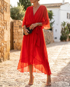 Damen Chiffon-Maxikleid mit V-Ausschnitt – Mit Taillengürtel für Hochzeit & festliche Anlässe | Mirela