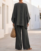 Women's Cotton-Linen Two-Piece Set – Oversized Top with Asymmetric Hem & Wide-Leg Pants | Annabel