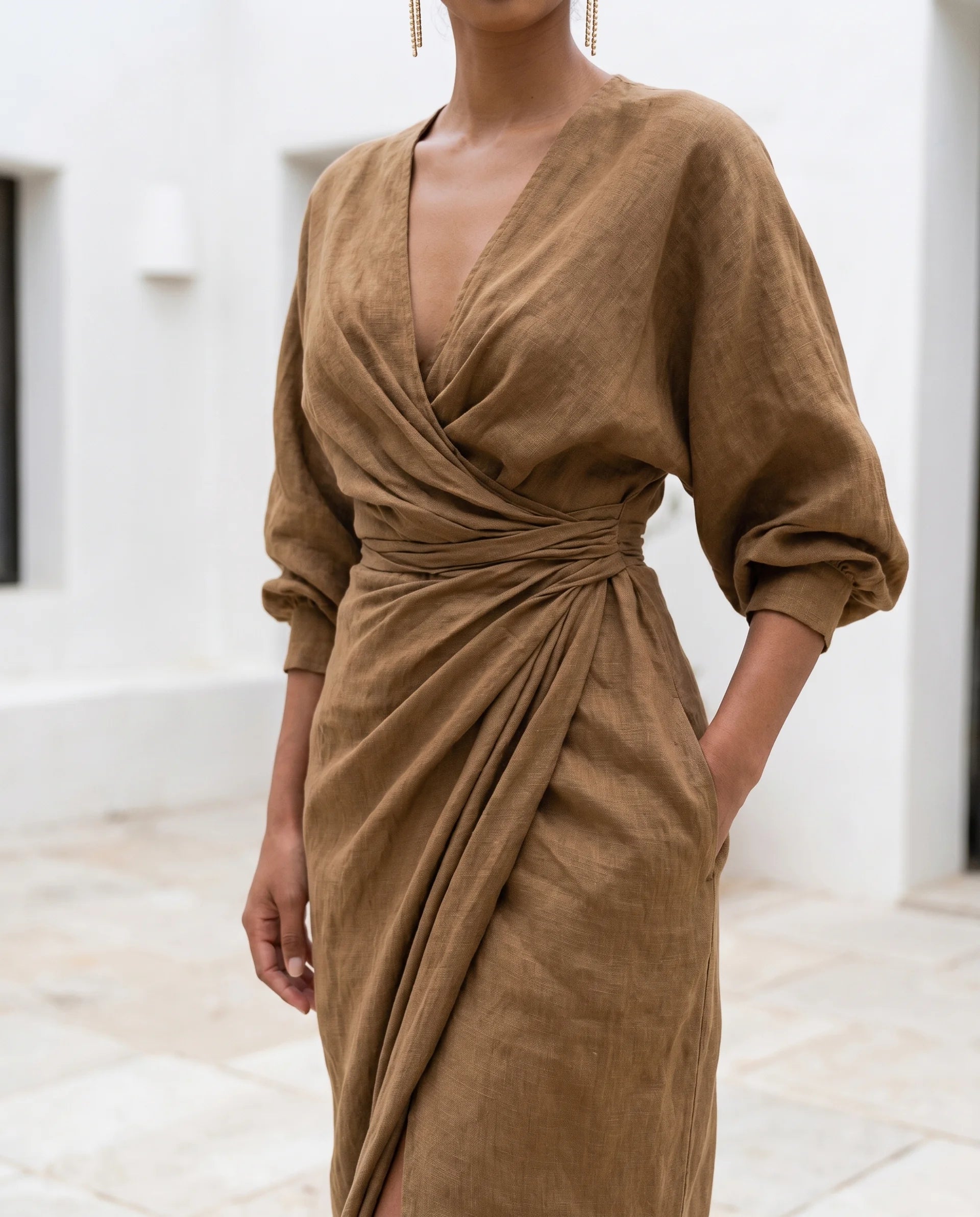 Women's Bodycon Maxi Dress – Wrap Waist, Deep V-Neck, Long Sleeve with Front Slit | Marlene