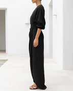 Women's Bodycon Maxi Dress – Wrap Waist, Deep V-Neck, Long Sleeve with Front Slit | Marlene