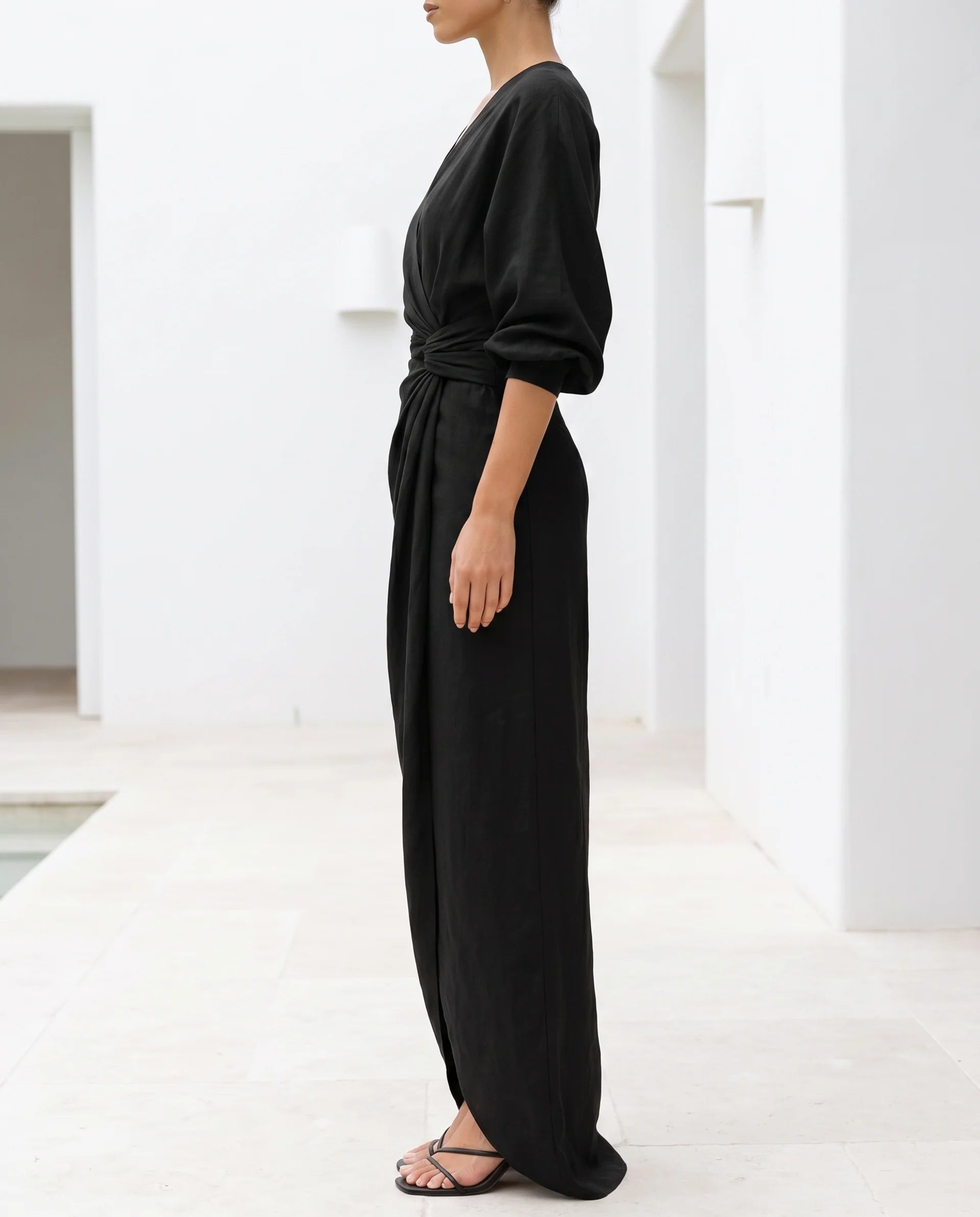 Women's Bodycon Maxi Dress – Wrap Waist, Deep V-Neck, Long Sleeve with Front Slit | Marlene