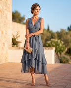 Damen Chiffon-Maxikleid mit V-Ausschnitt – Mit Taillengürtel für Hochzeit & festliche Anlässe | Mirela
