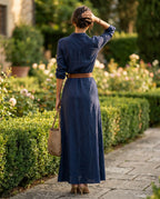Damen Wickel-Maxikleid – Tiefer V-Ausschnitt, Langarm mit Taillengürtel | Linda