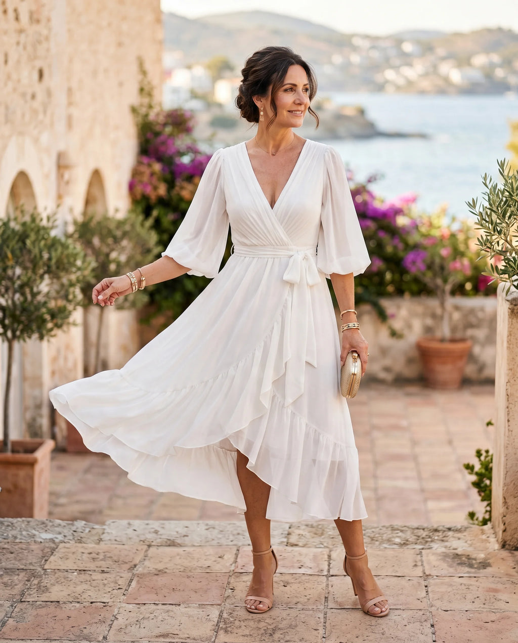 Damen Chiffon-Maxikleid mit V-Ausschnitt – Mit Taillengürtel für Hochzeit & festliche Anlässe | Mirela