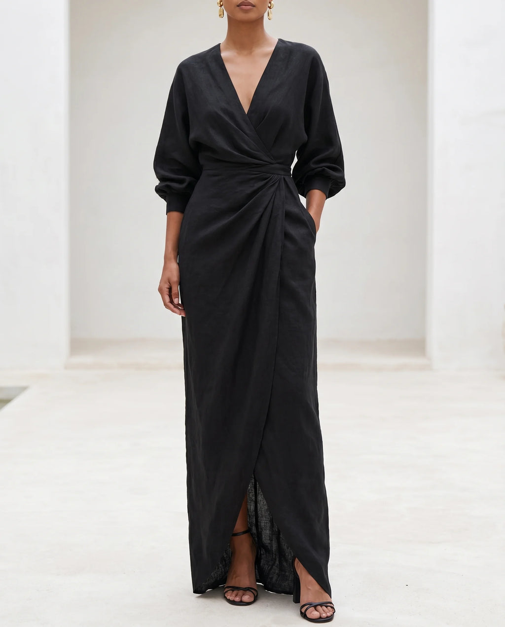Women's Bodycon Maxi Dress – Wrap Waist, Deep V-Neck, Long Sleeve with Front Slit | Marlene