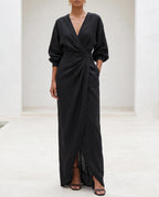 Women's Bodycon Maxi Dress – Wrap Waist, Deep V-Neck, Long Sleeve with Front Slit | Marlene
