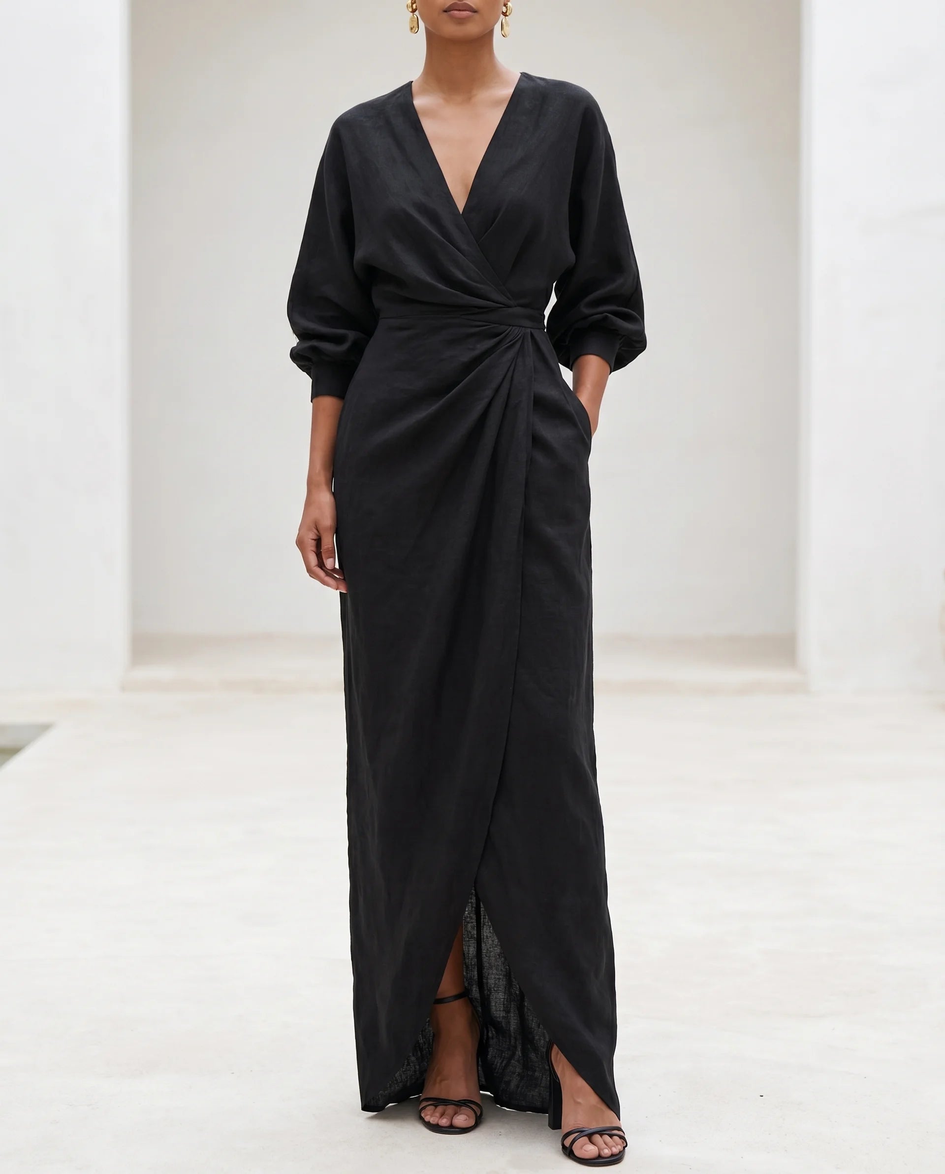 Women's Bodycon Maxi Dress – Wrap Waist, Deep V-Neck, Long Sleeve with Front Slit | Marlene