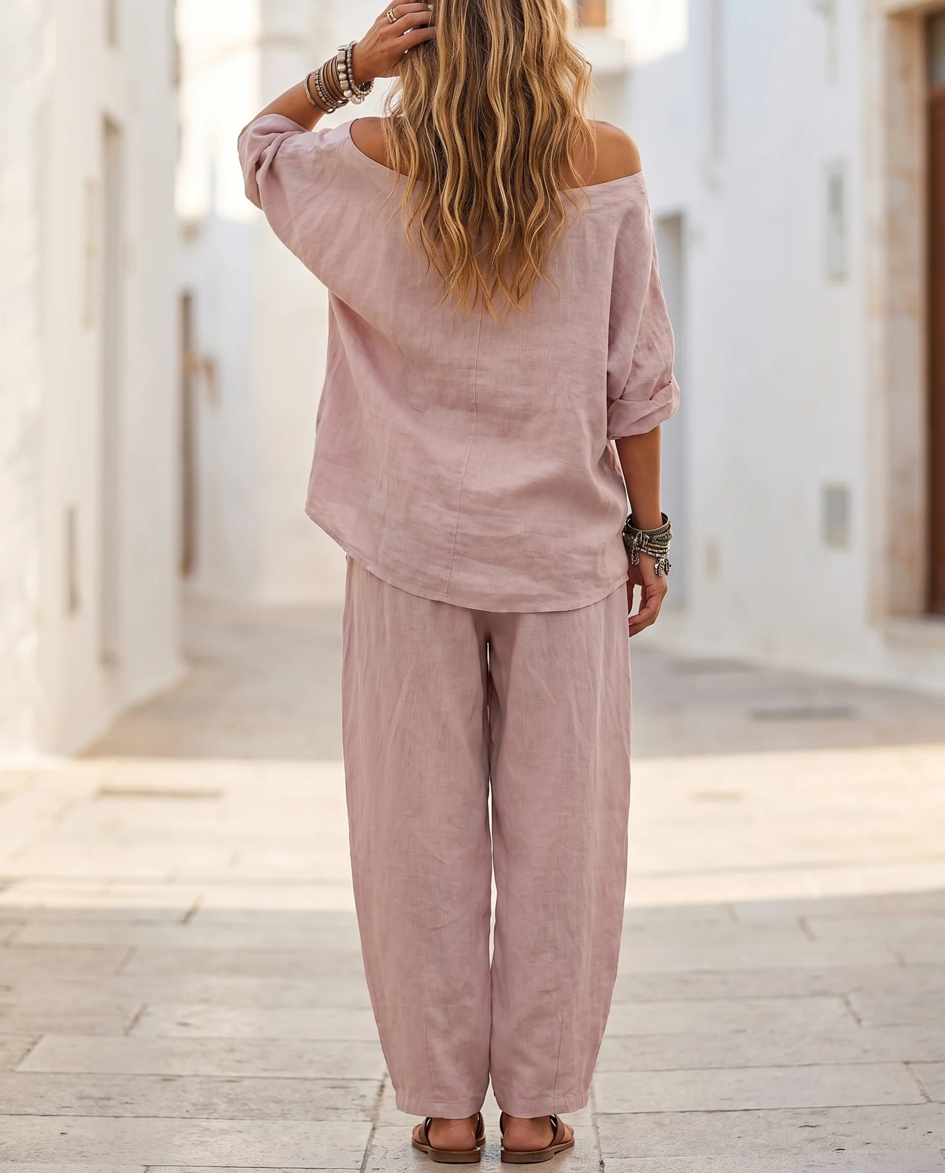 Damen Co-ord Set schulterfrei – Dreiviertelarm-Top & weite Hose | Mathilda