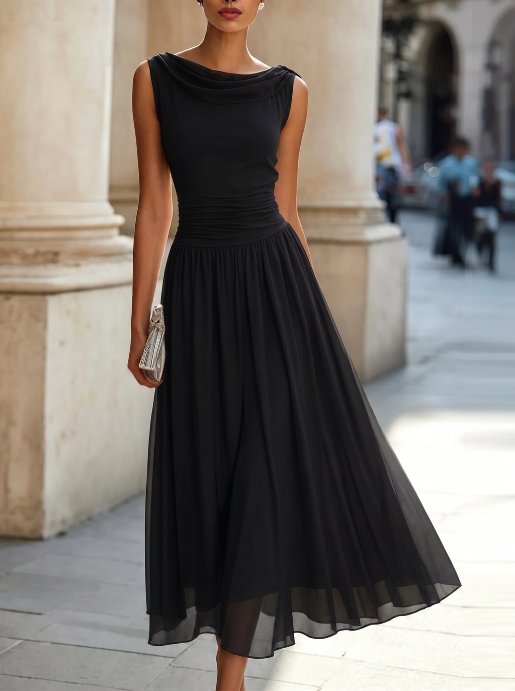 Damen Midikleid ärmellos – Drapierter Ausschnitt und gefältelter Rock | Marcella