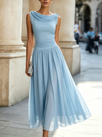 Damen Midikleid ärmellos – Drapierter Ausschnitt und gefältelter Rock | Marcella