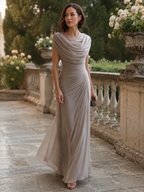 Women's Draped Cowl-Neck Maxi Dress – Flowing Silhouette with Ruched Waist | Allegra