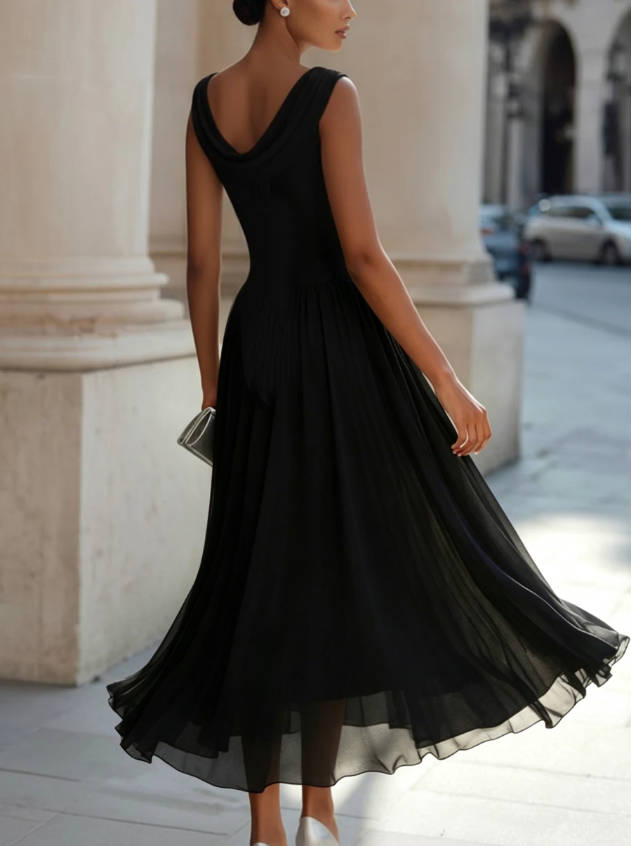Damen Midikleid ärmellos – Drapierter Ausschnitt und gefältelter Rock | Marcella