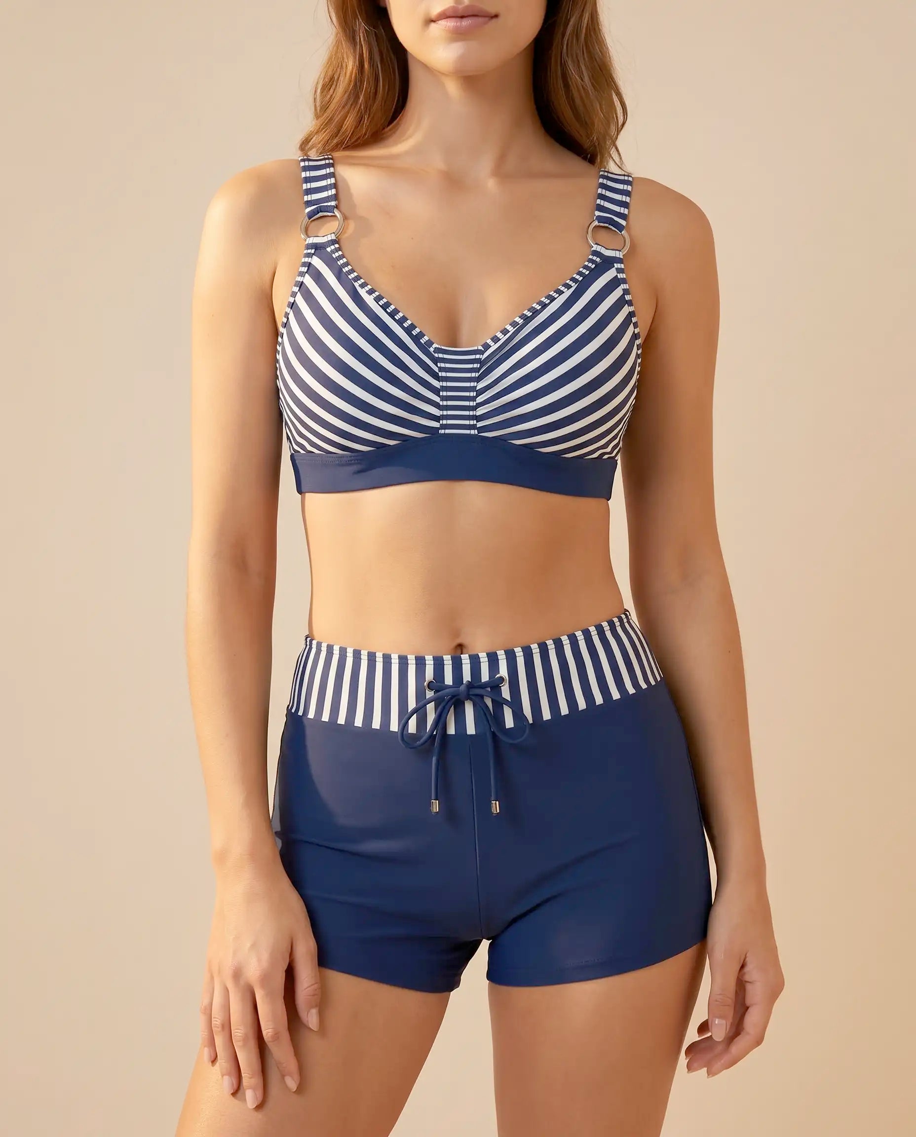 Women's Striped Bikini Set with Swim Shorts – Drawstring Waist for Beach & Pool | Ariel