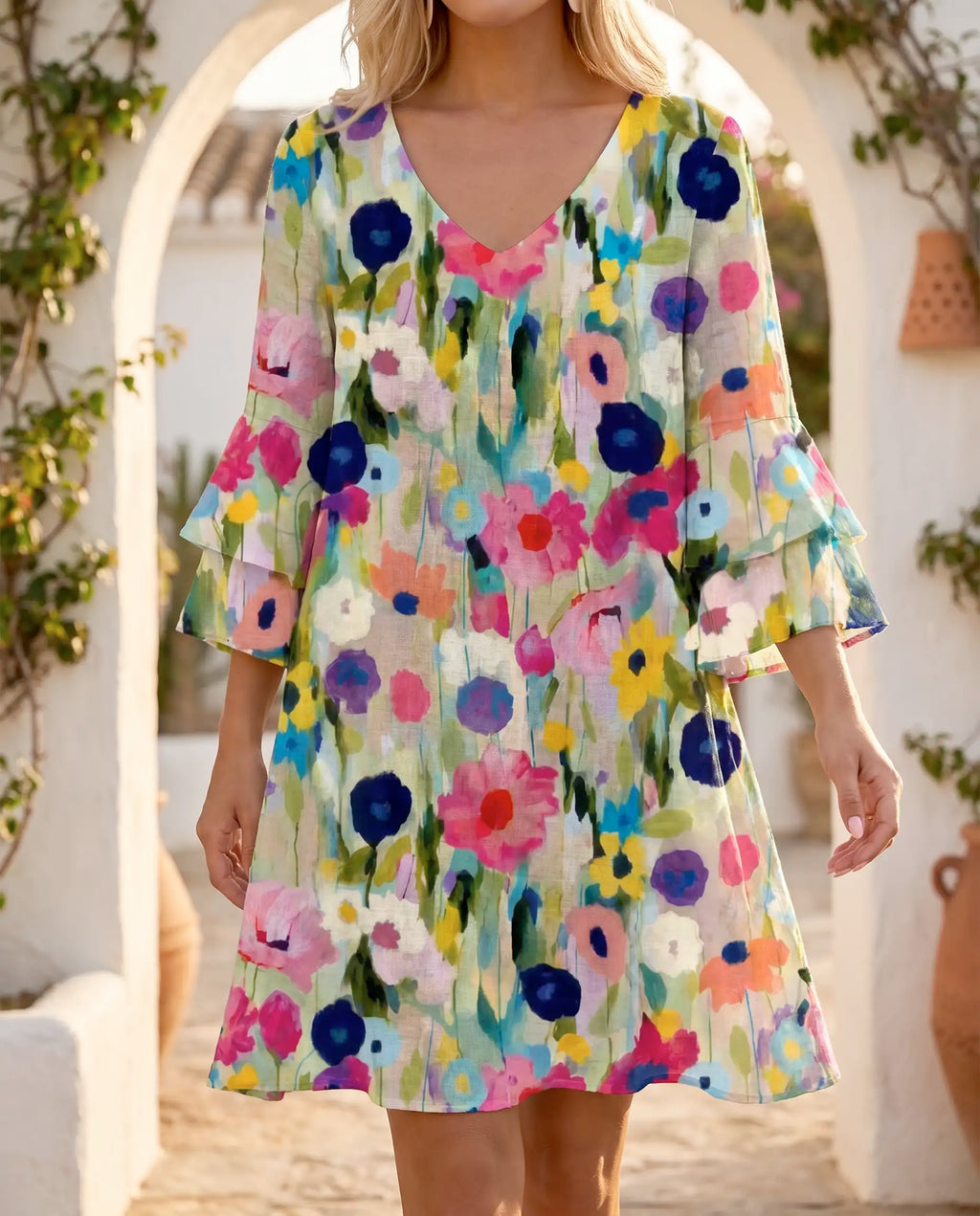 Damen Minikleid V-Ausschnitt leicht – feminin sommerlich für Alltag & Abend | Cleo