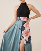Damen Maxikleid A-Linie Blumenmuster mit Beinschlitz – elegantes Cocktailkleid für Abend & Party | Hanna