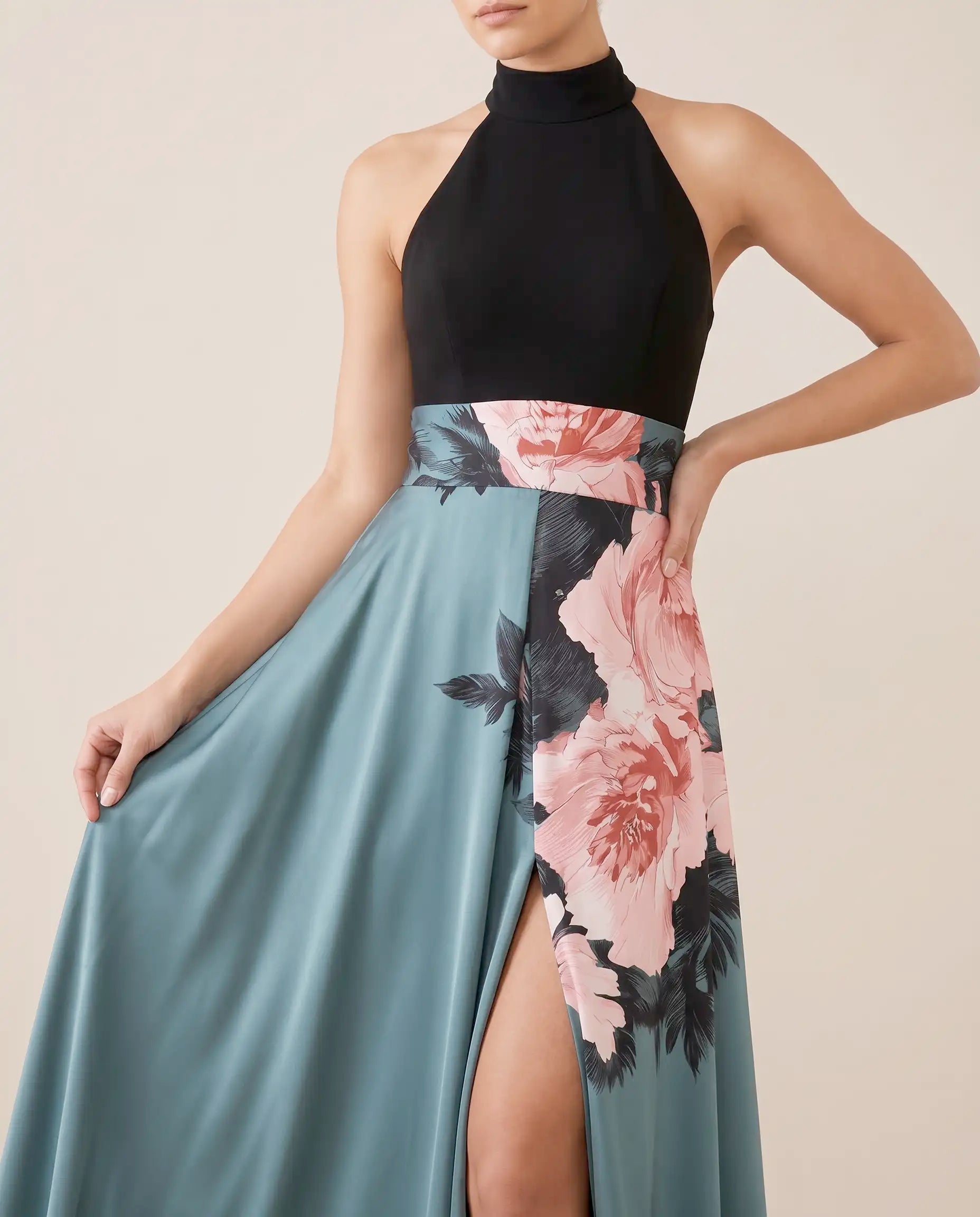 Damen Maxikleid A-Linie Blumenmuster mit Beinschlitz – elegantes Cocktailkleid für Abend & Party | Hanna
