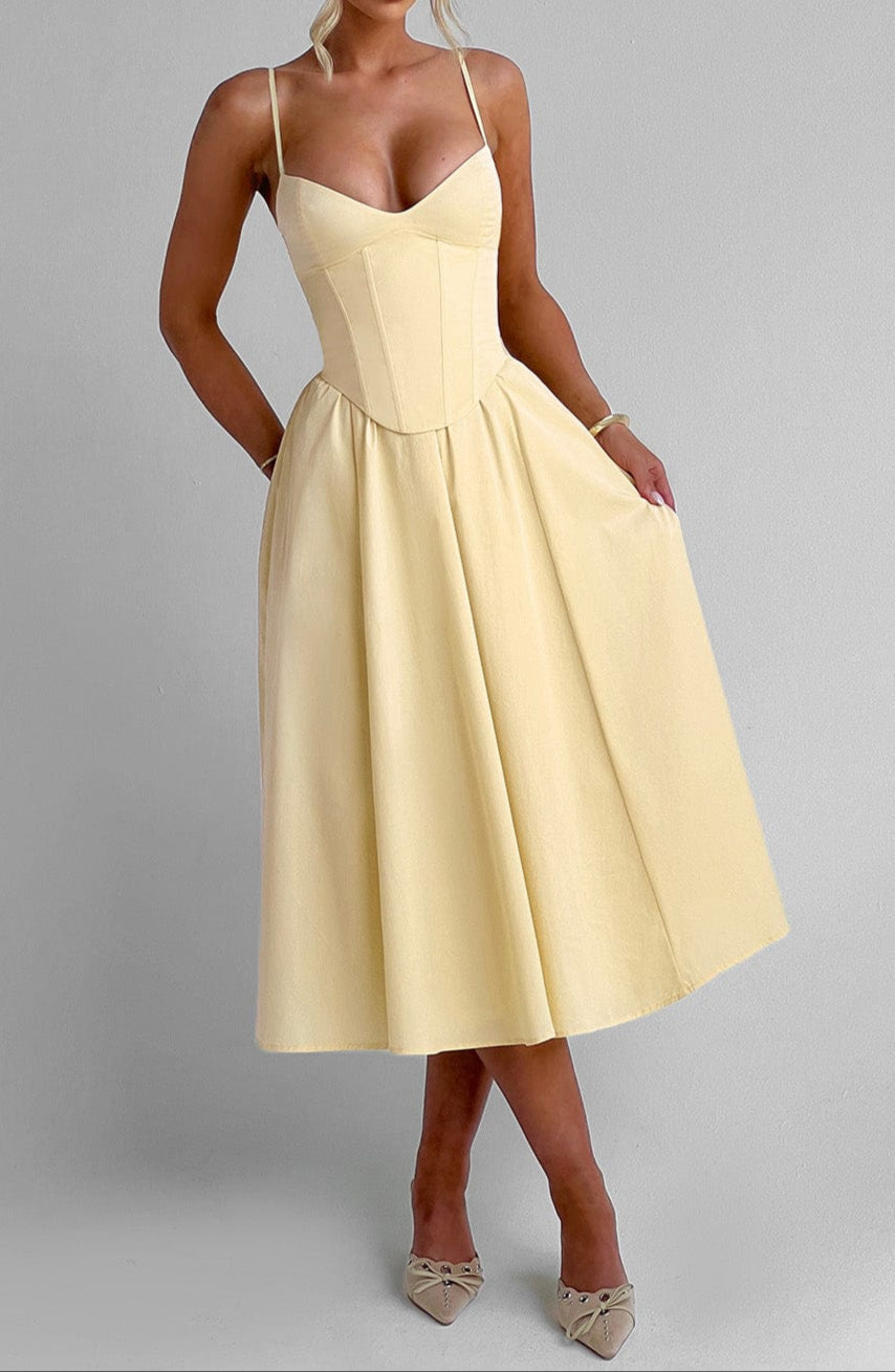 Damen Midikleid A-Linie Herzausschnitt Korsett-Oberteil Spaghettiträger – festlich & Hochzeitsgast | Ronja