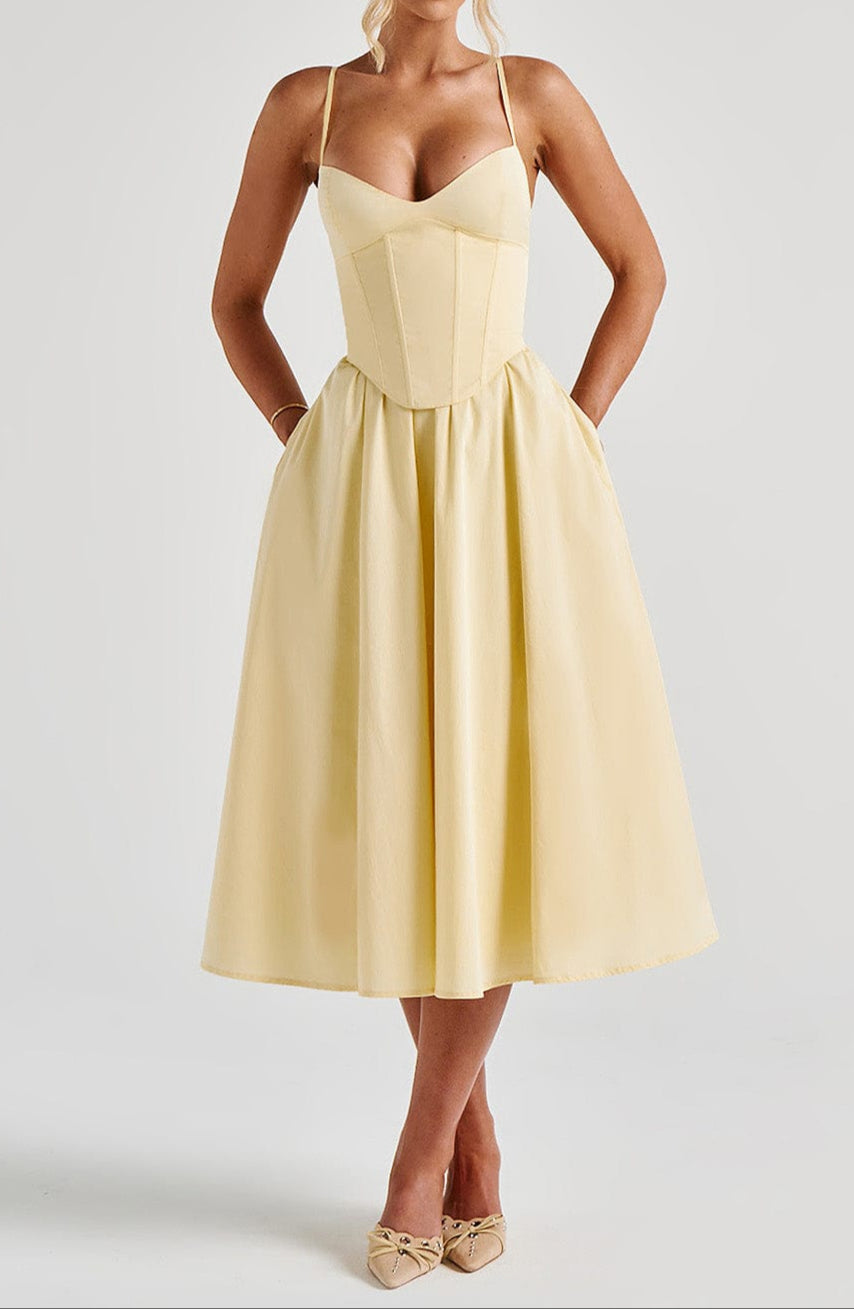 Damen Midikleid A-Linie Herzausschnitt Korsett-Oberteil Spaghettiträger – festlich & Hochzeitsgast | Ronja