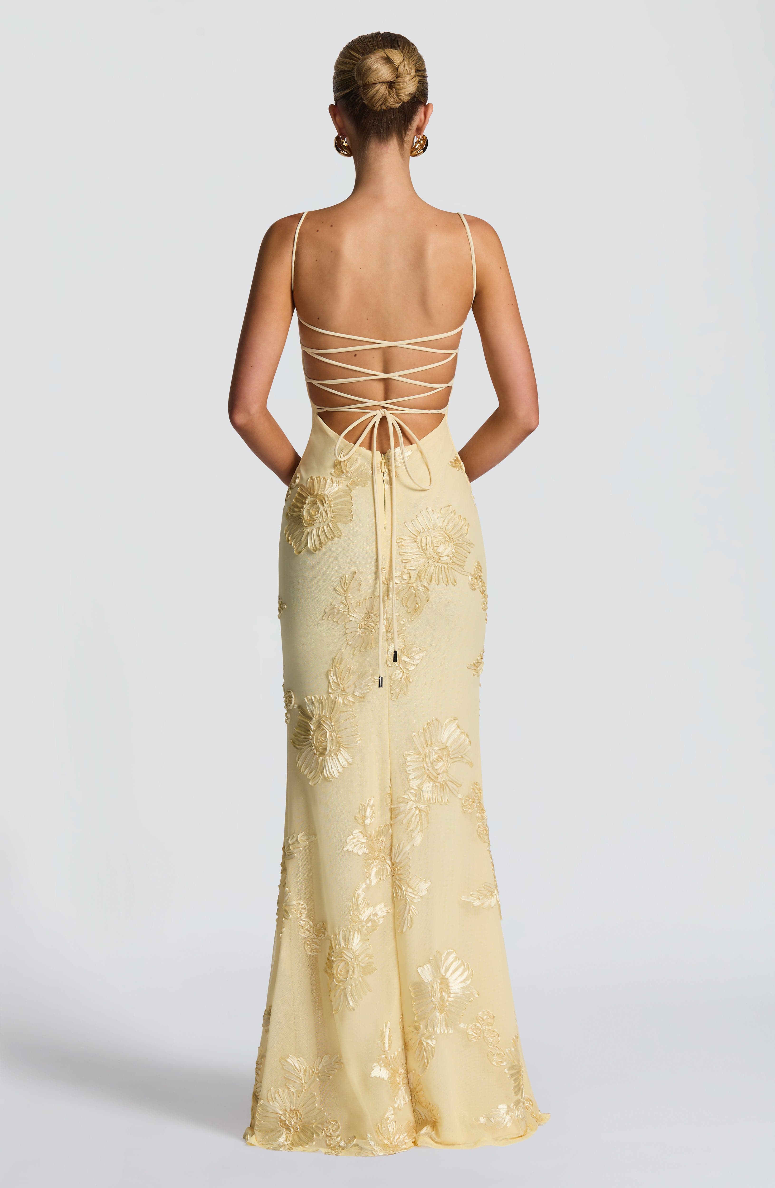 Damen Maxikleid Mesh Spaghettiträger Schnürrücken Fit & Flare – feminin-festlich für den Abend | Eira