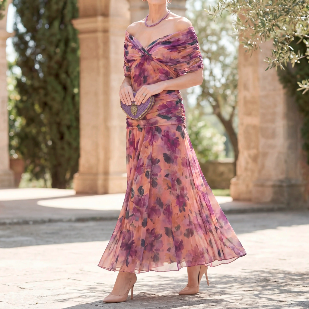 Damen Maxikleid Blumenprint V-Ausschnitt plissierte Taille fließend – Sommer & Hochzeitsgast | Asha