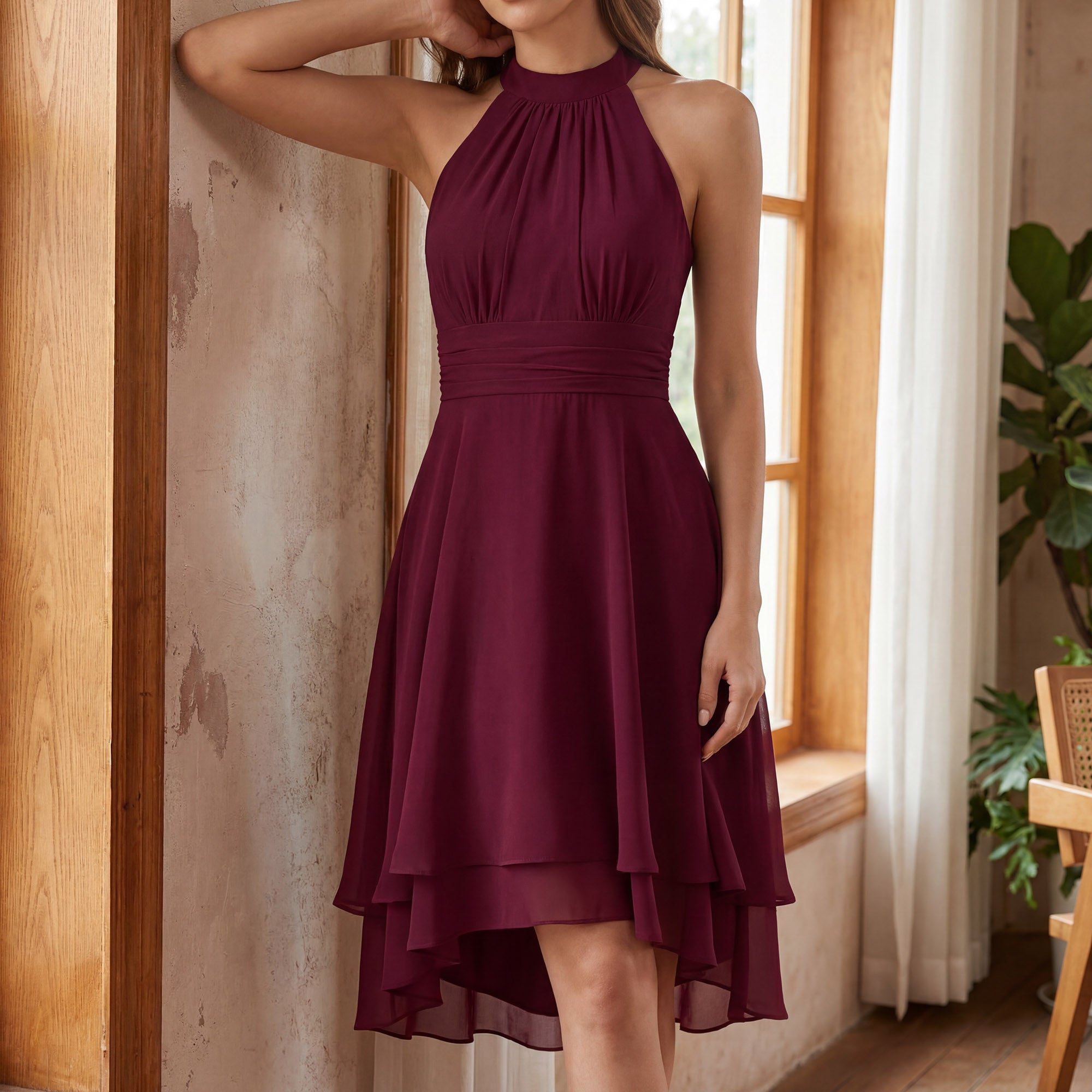 Damen Chiffon Midikleid Neckholder – A-Linie, rückenfrei, asymmetrischer Saum, festlich | Flora