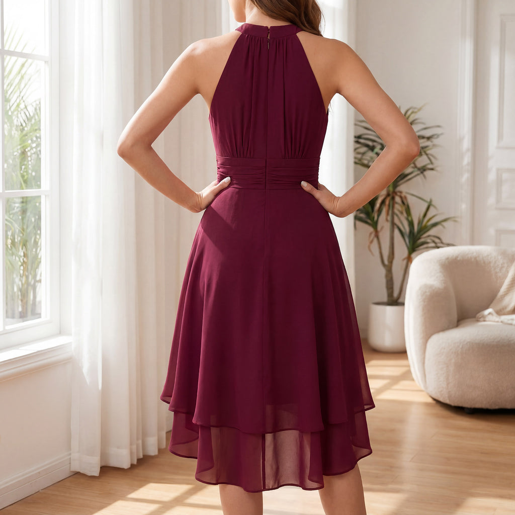 Damen Chiffon Midikleid Neckholder – A-Linie, rückenfrei, asymmetrischer Saum, festlich | Flora