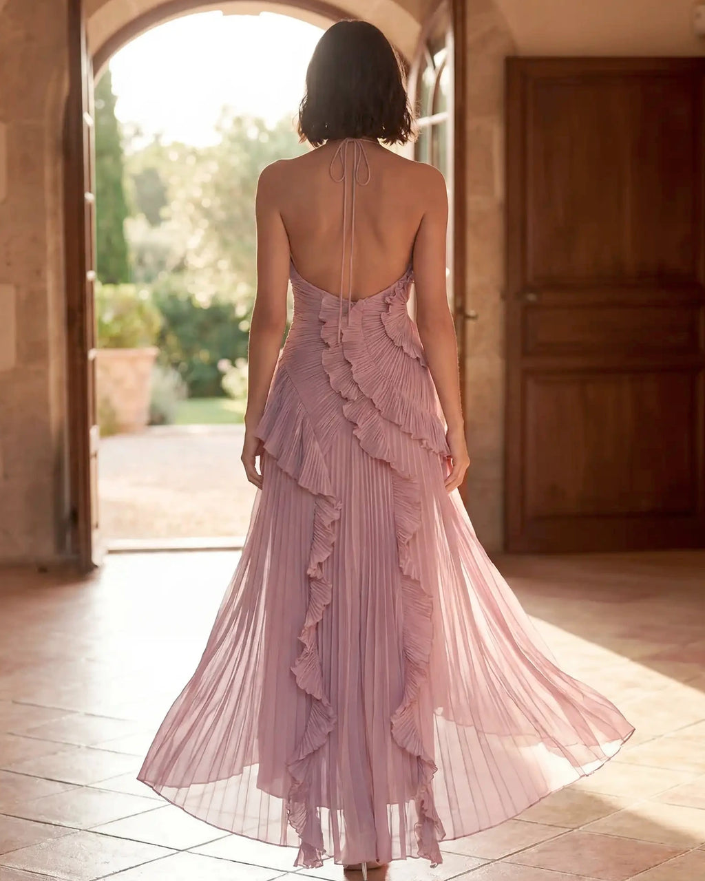 Damen Maxikleid mit Schleifenrücken und Rüschendetails – feminin für besondere Anlässe | Sasha