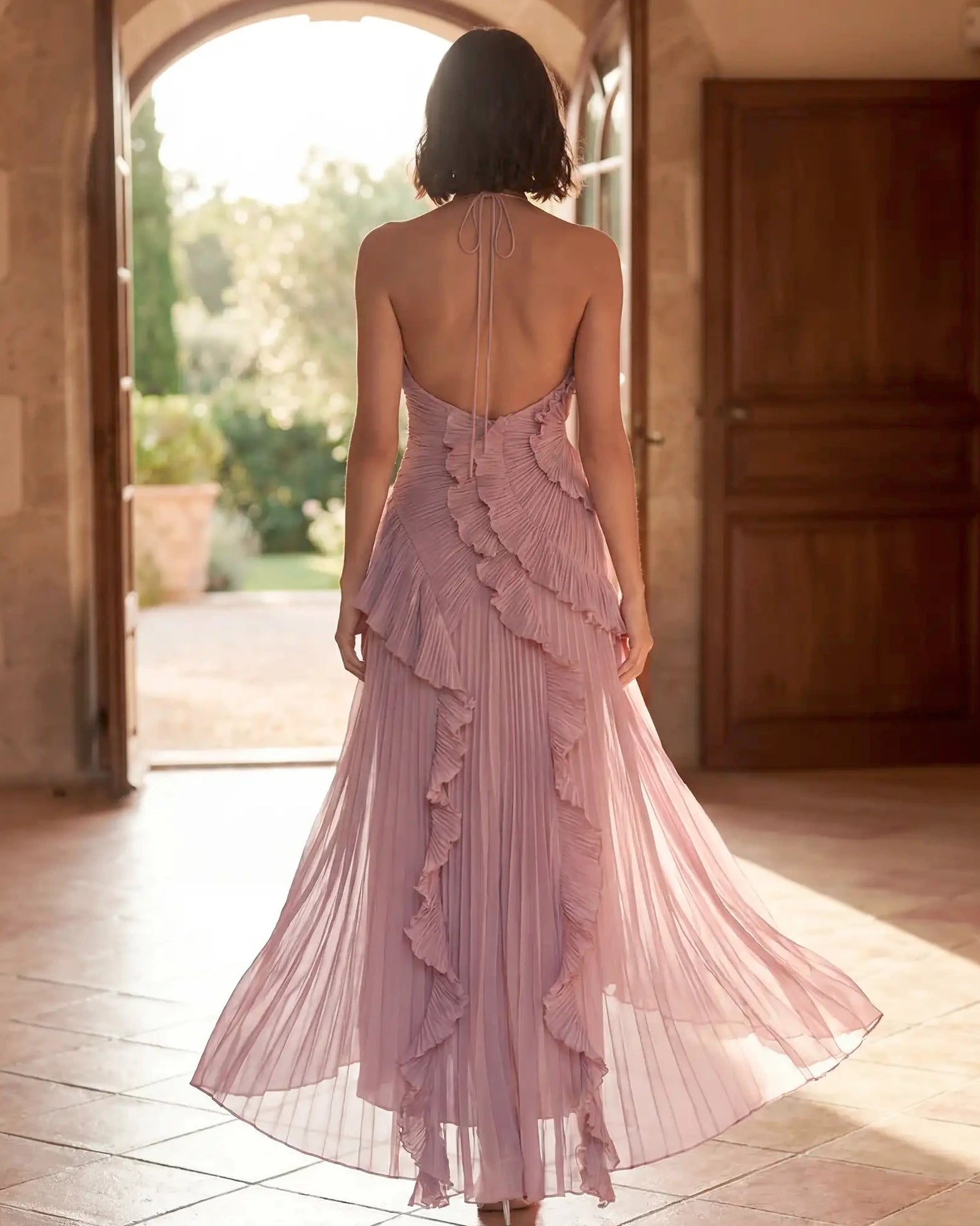 Damen Maxikleid mit Schleifenrücken und Rüschendetails – feminin für besondere Anlässe | Sasha