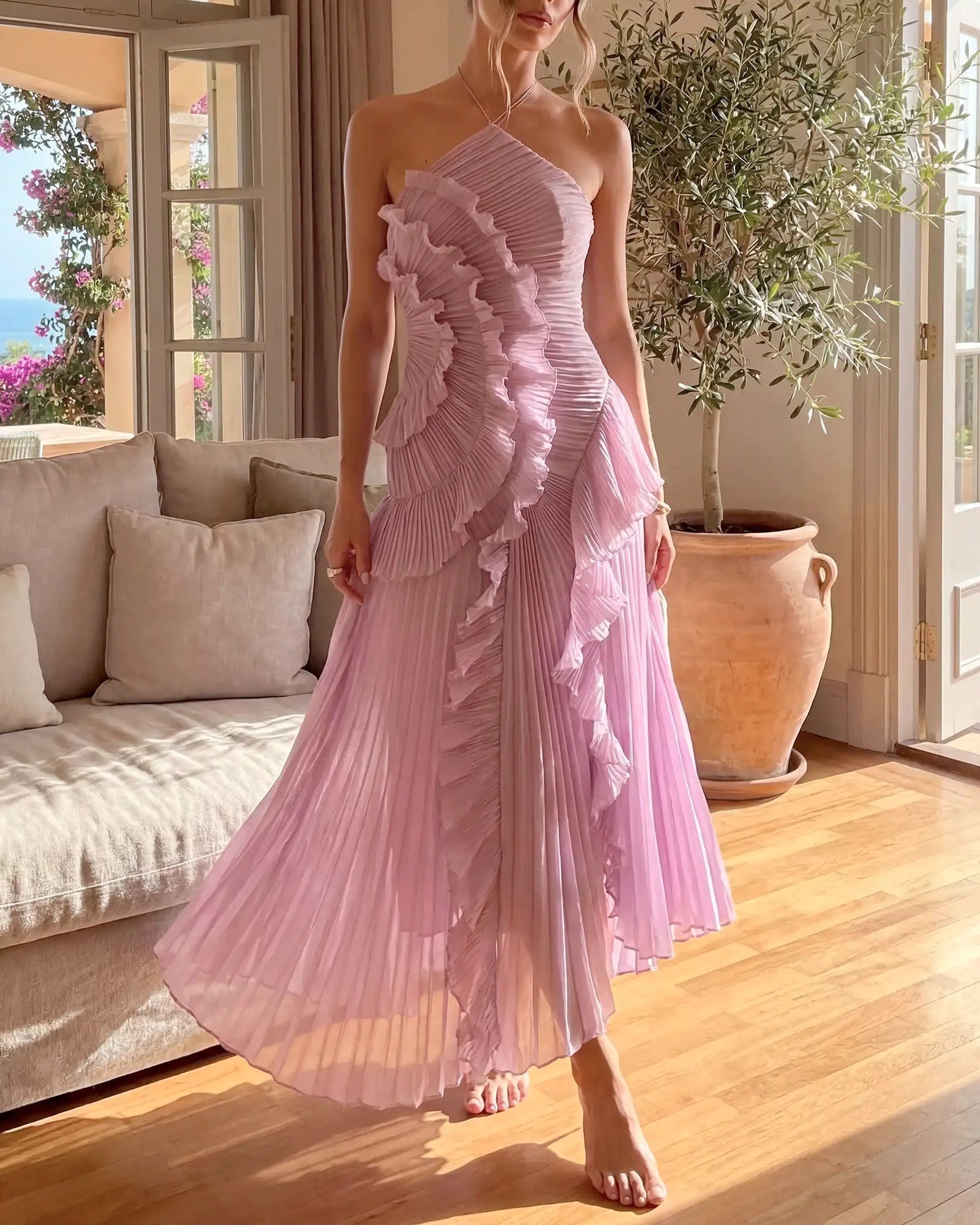 Damen Maxikleid mit Schleifenrücken und Rüschendetails – feminin für besondere Anlässe | Sasha