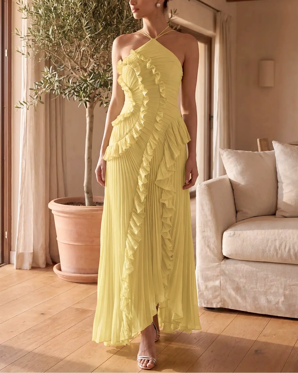 Damen Maxikleid mit Schleifenrücken und Rüschendetails – feminin für besondere Anlässe | Sasha