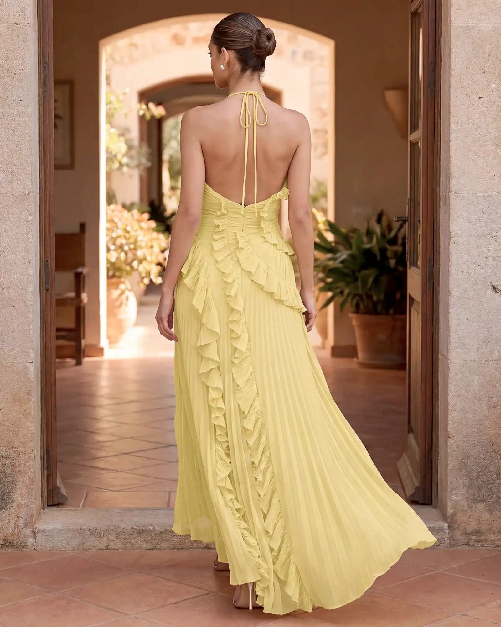 Damen Maxikleid mit Schleifenrücken und Rüschendetails – feminin für besondere Anlässe | Sasha