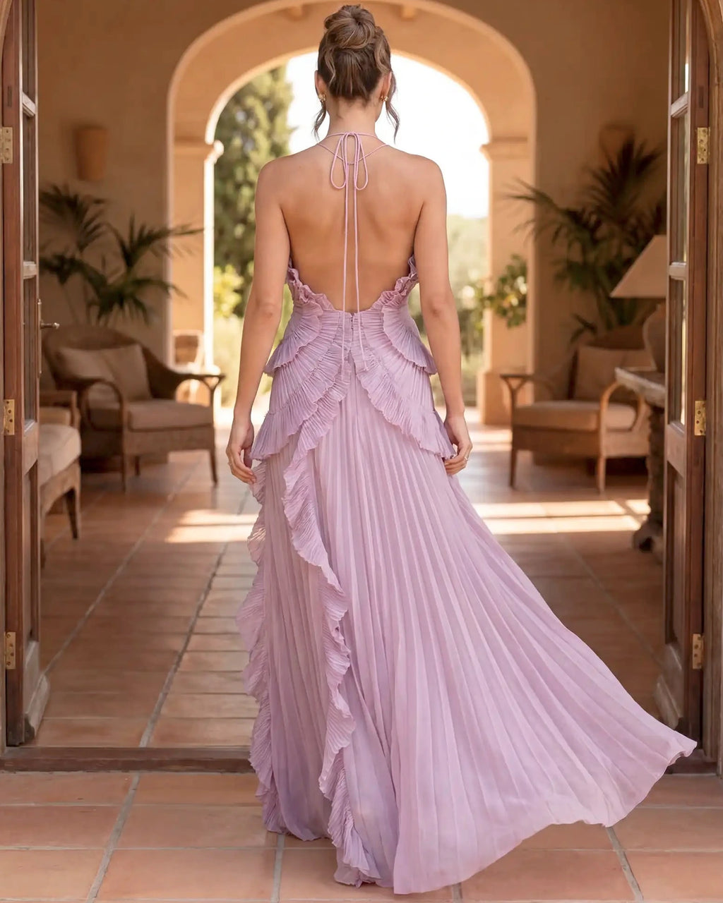 Damen Maxikleid mit Schleifenrücken und Rüschendetails – feminin für besondere Anlässe | Sasha