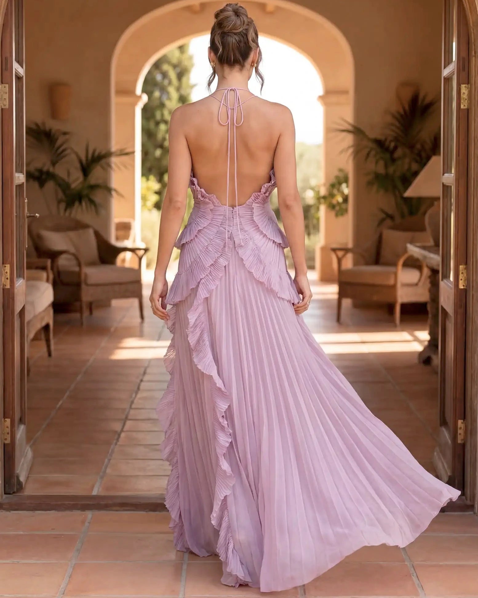 Damen Maxikleid mit Schleifenrücken und Rüschendetails – feminin für besondere Anlässe | Sasha