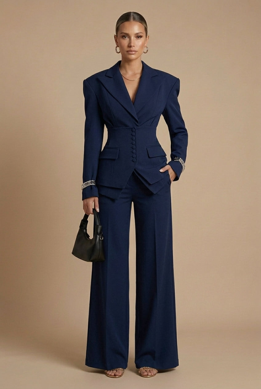 Damen Hosenanzug Spitzrevers taillierter Blazer weite Hose – formell elegant | Pia