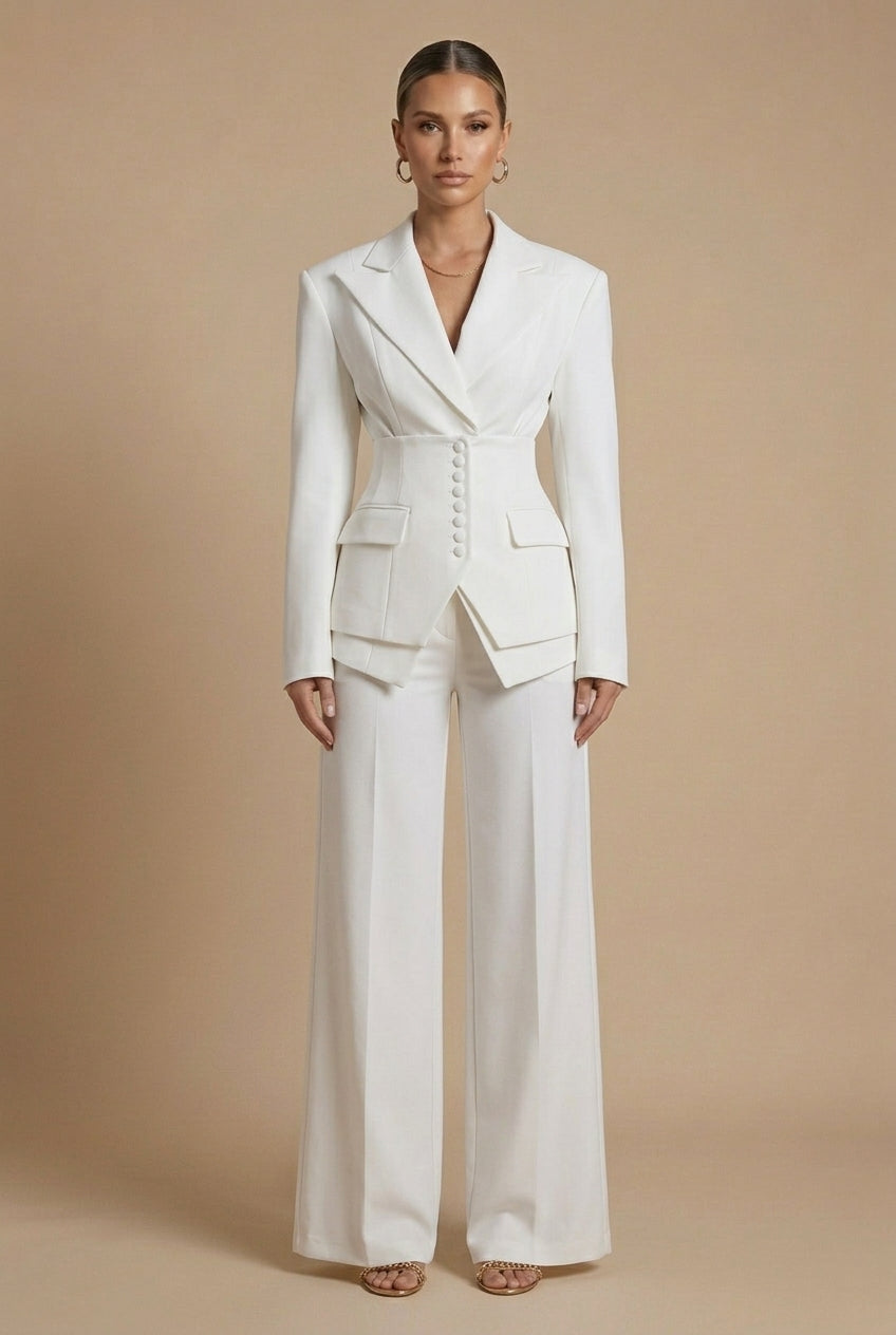 Damen Hosenanzug Spitzrevers taillierter Blazer weite Hose – formell elegant | Pia