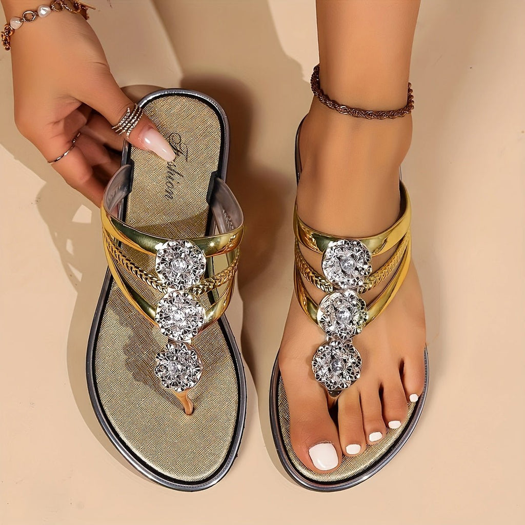 Damen Sandalen flach mit Strass und T-Steg – für Sommer und Urlaub | Anastasia