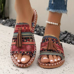 Damen Pantoletten flach Boho mit Quasten – Slip-On für den Sommer | Alma