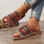 Damen Pantoletten flach Boho mit Quasten – Slip-On für den Sommer | Alma