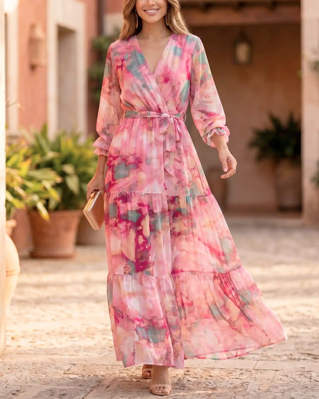 Damen Maxikleid Blumenmuster fließend Gürtel handgefertigt – Sommerkleid für Gartenfest & Hochzeit | Zara
